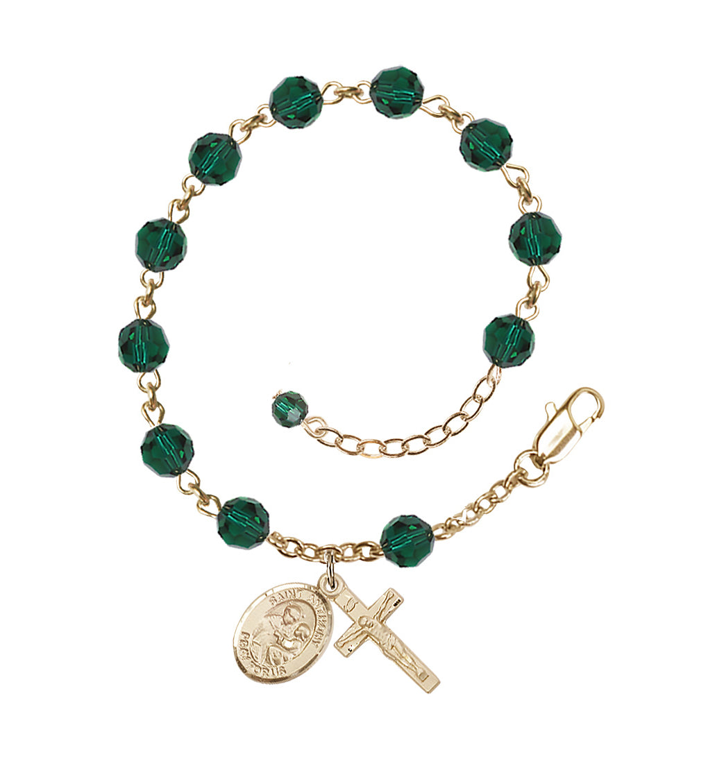 Bliss Adjustable 14kt Gold 6mm Austrian Crystal Saint Anthony of Padua Rosary Bracelet in Emerald,