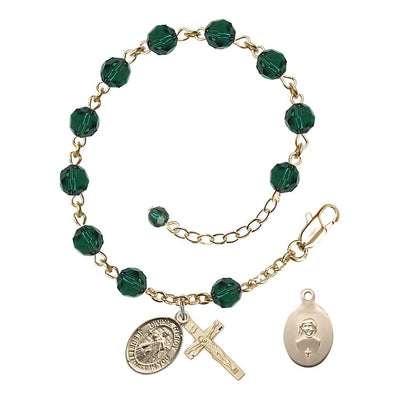 Jesus Divine Mercy Rosary Bracelet with Gold-filled Crucifix and Charm, Birthstone 6mm Austrian Crystal Emerald Beads for May, Bliss Manufacturing