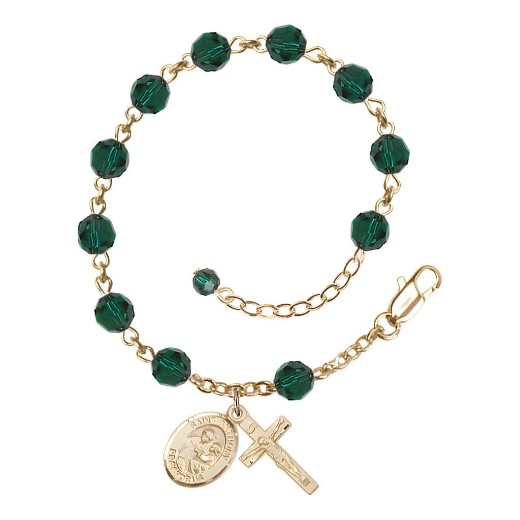Adjustable 14kt Gold 6mm Austrian Crystal Saint Anthony of Padua Rosary Bracelet in Emerald, Bliss Manufacturing