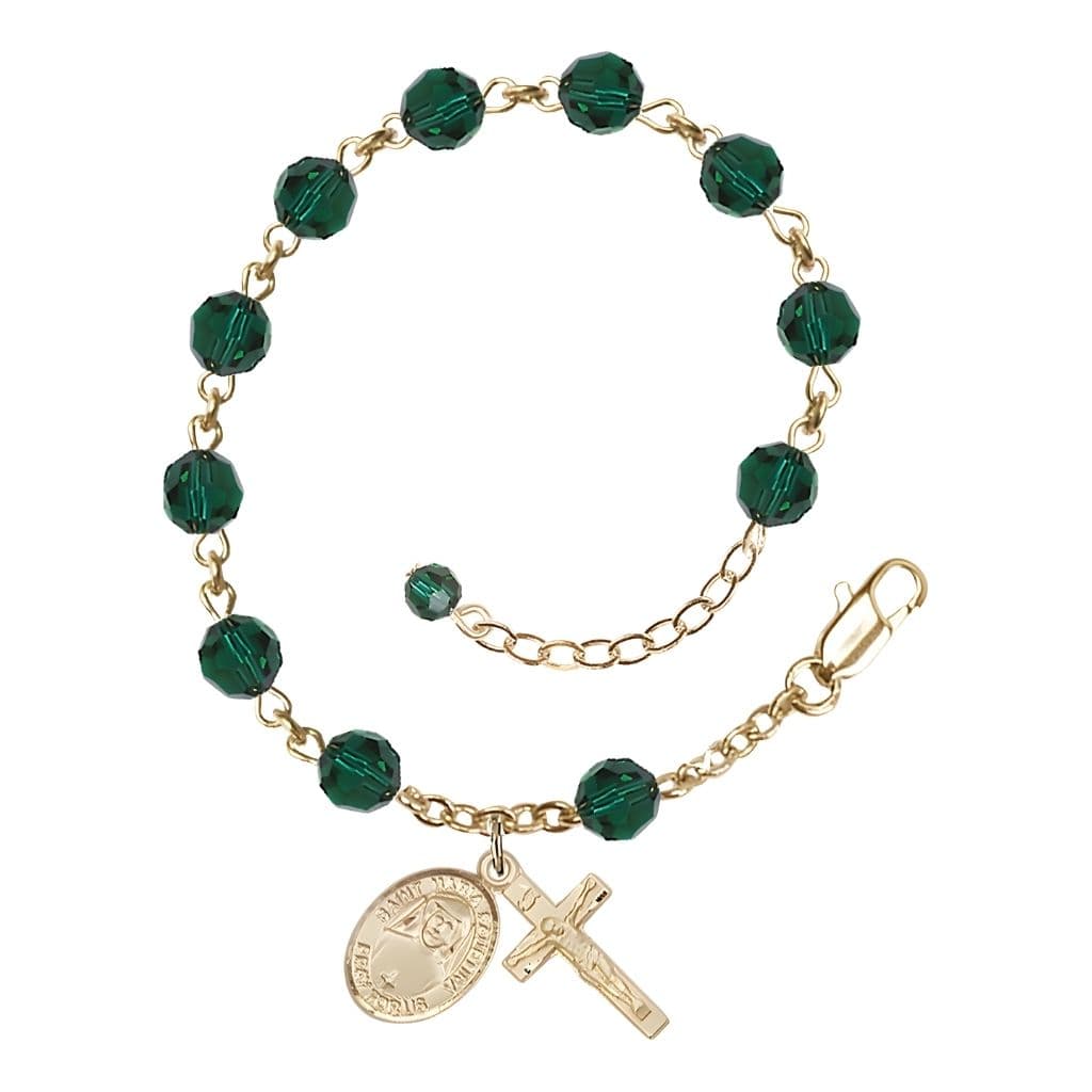 Bliss St. Maria Faustina 14kt Gold Engravable Birthstone Rosary with 6mm Austrian Crystal Beads in Emerald,