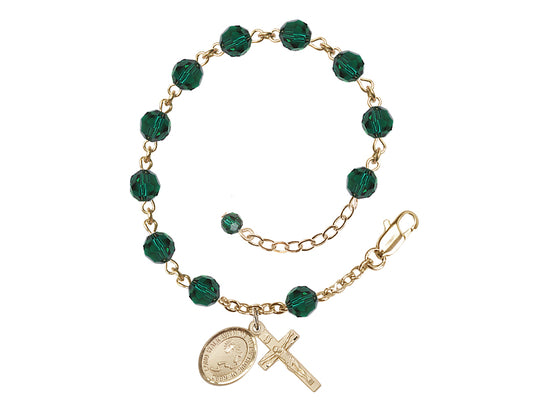 Emerald 6mm Austrian Crystal Footprint Cross Gold Rosary Bracelet by Bliss