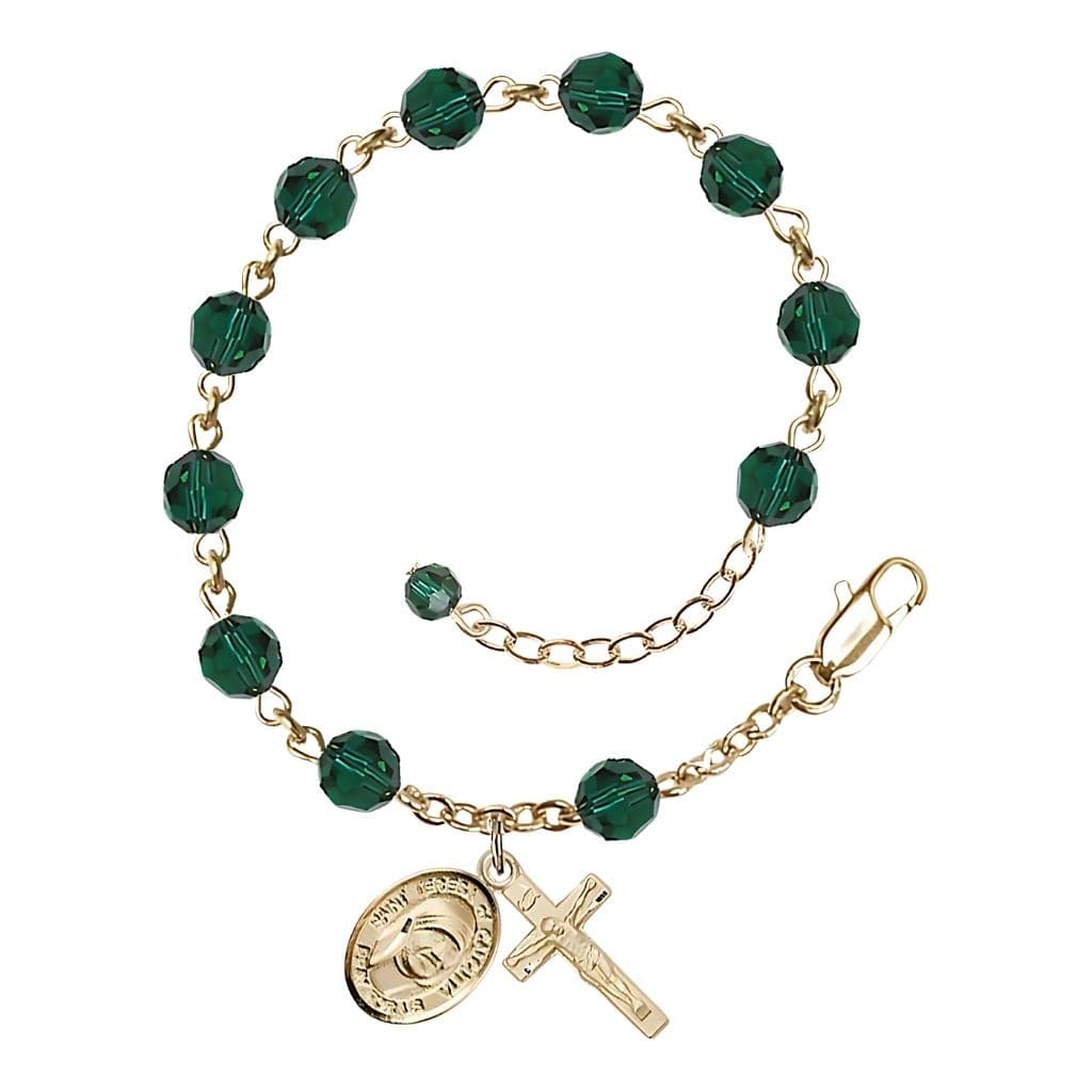 Bliss St. Teresa of Calcutta Birthstone 14kt Gold Emerald Austrian Crystal Rosary Bracelet,