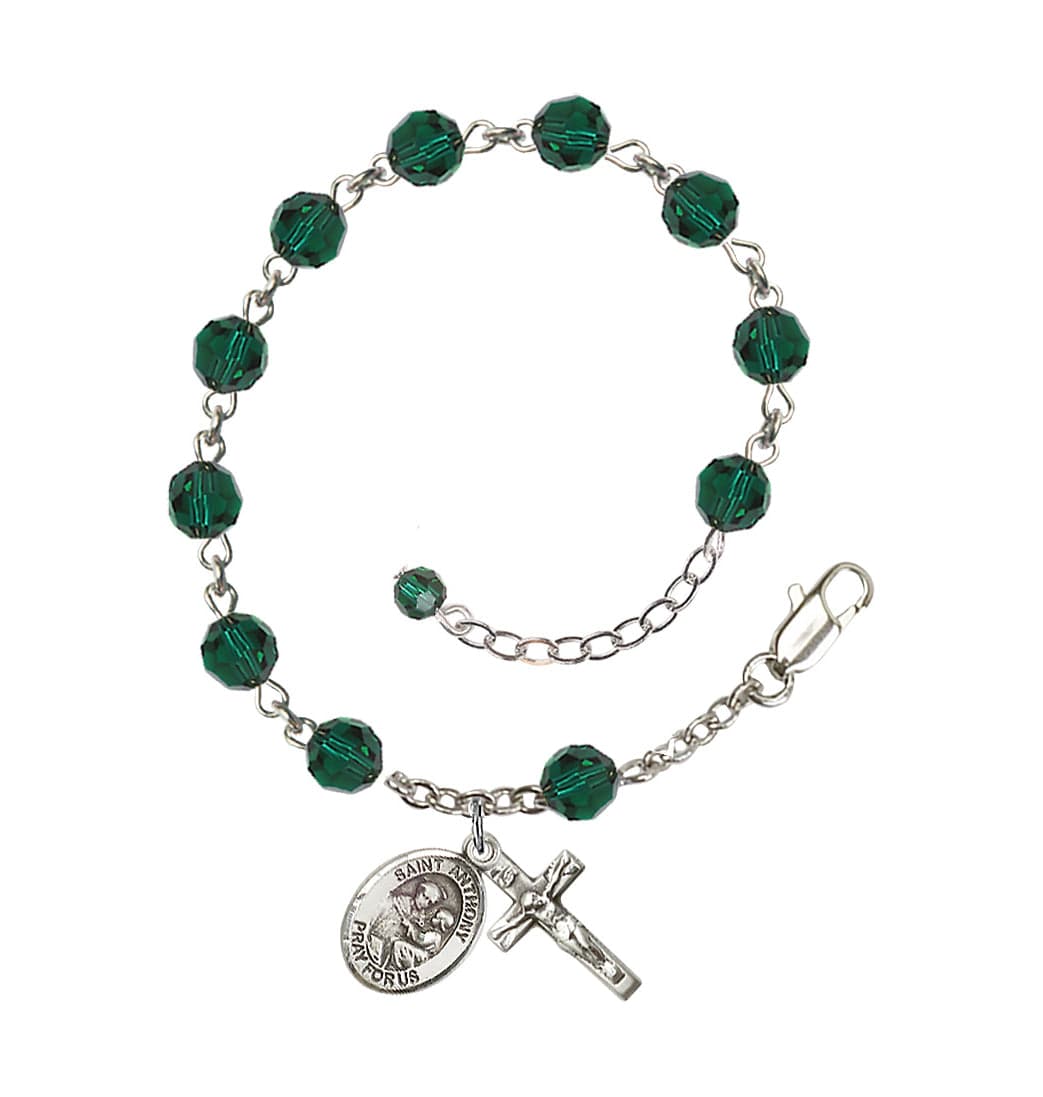 Bliss Sterling Silver Crystal St Anthony of Padua Birthstone Rosary Bracelet in Emerald,