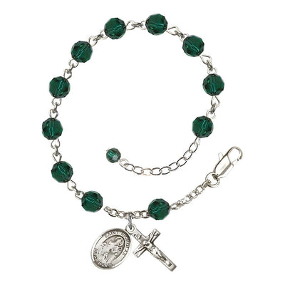 St. Nicholas Rosary Bracelet with Sterling Silver Centerpiece and Crucifix, May Birthstone 6mm Emerald Austrian Crystal Beads, Bliss Manufacturing