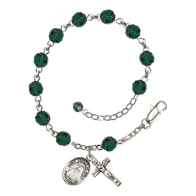 St. Teresa of Avila Birthstone Sterling Silver 6mm Emerald Austrian Crystal Rosary Bracelet, Bliss Manufacturing