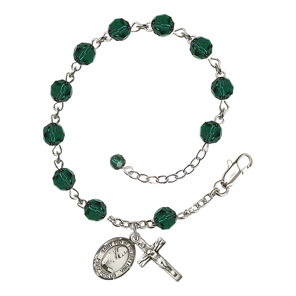 Bliss St. Padre Pio of Pietrelcina Birthstone Rosary Sterling Silver Bracelet with emerald 6mm Austrian crystal beads