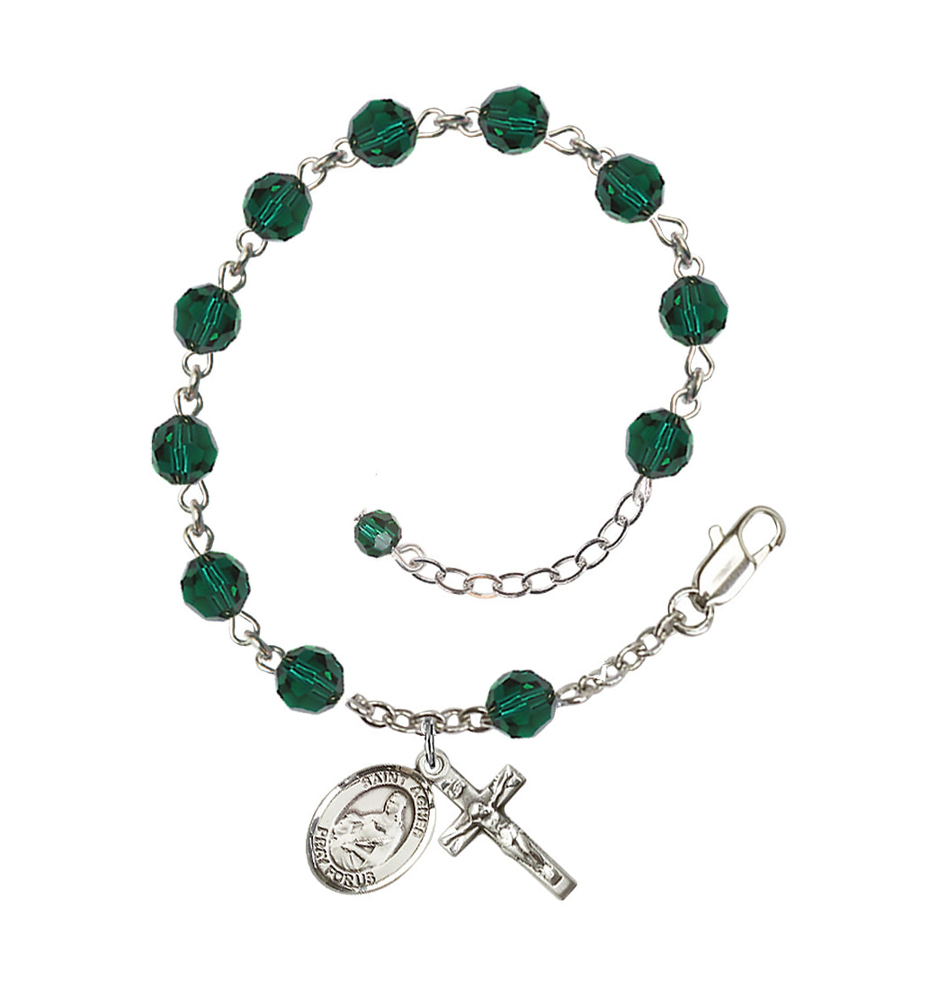 Bliss Sterling Silver Crystal St Agnes of Rome Birthstone Rosary Bracelet in Emerald,