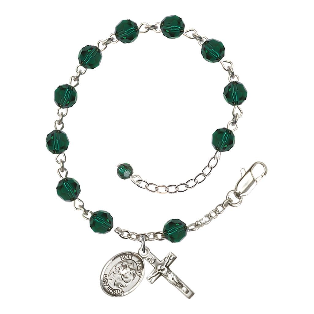 Bliss Holy Family Rosary Bracelet with Sterling Silver Crucifix and Medal, Birthstone 6mm Austrian Crystal Emerald Beads for May