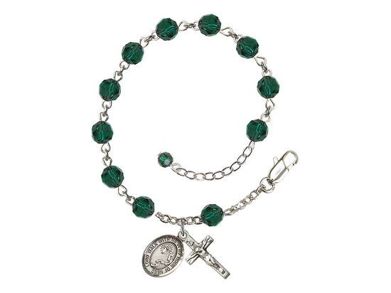 Footprints Cross 6mm Austrian Emerald Crystal Sterling Silver Rosary Bracelet