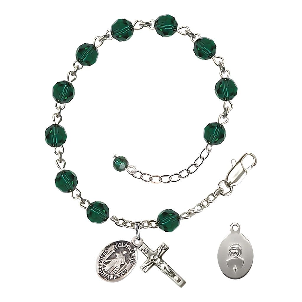 Bliss Jesus Divine Mercy Rosary Bracelet with Sterling Silver Crucifix and Charm, Birthstone 6mm Austrian Crystal Emerald Beads for May