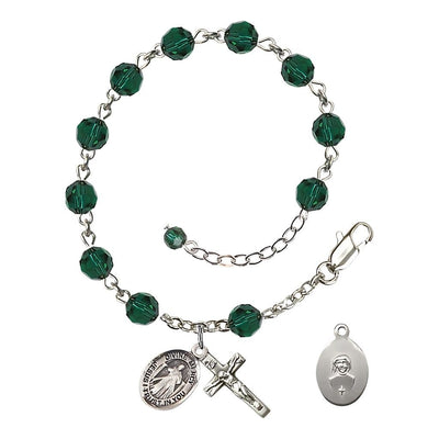 Jesus Divine Mercy Rosary Bracelet with Sterling Silver Crucifix and Charm, Birthstone 6mm Austrian Crystal Emerald Beads for May, Bliss Manufacturing