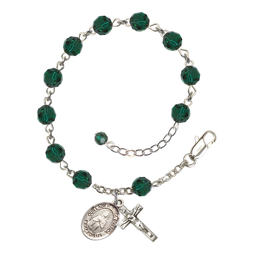 Bliss Our Lady of Rosa Mystica Rosary Bracelet with Sterling Silver Crucifix and Charm, Birthstone 6mm Austrian Crystal Emerald Beads for May