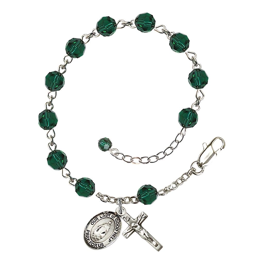 Bliss Our Lady of Good Help Birthstone Sterling Silver Rosary Bracelet in Emerald,