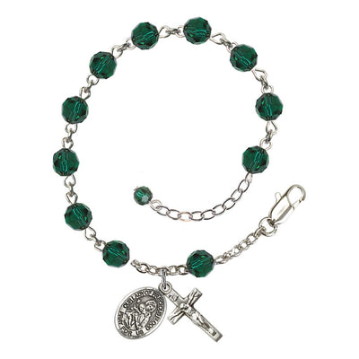 Our Lady of the Precious Blood Rosary Bracelet with Sterling Silver Crucifix and Charm, Birthstone 6mm Austrian Crystal Emerald Beads for May