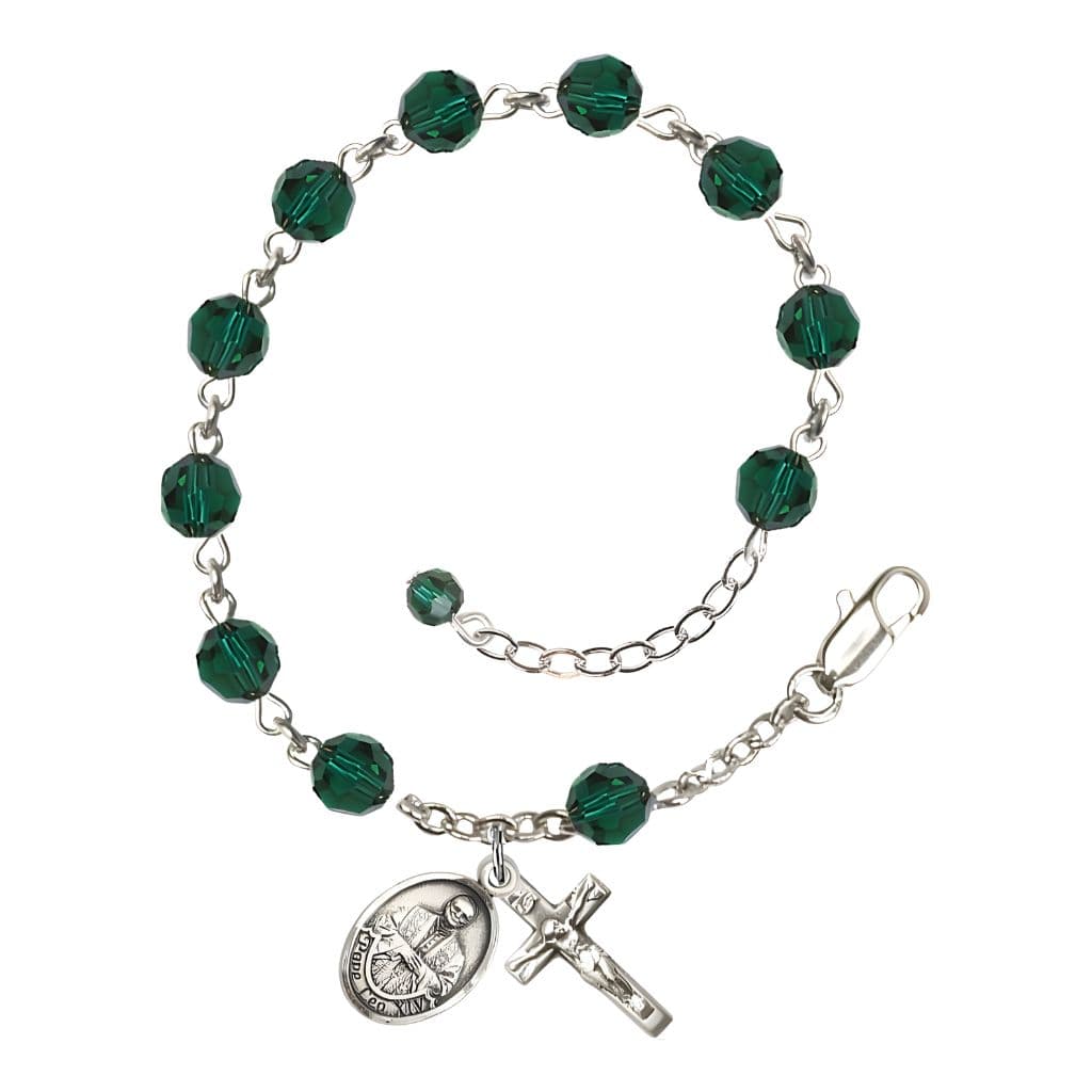Bliss Pope Leo XIV Sterling Silver Rosary Bracelet with Birthstone 6mm Austrian Crystal Beads in Emerald for May