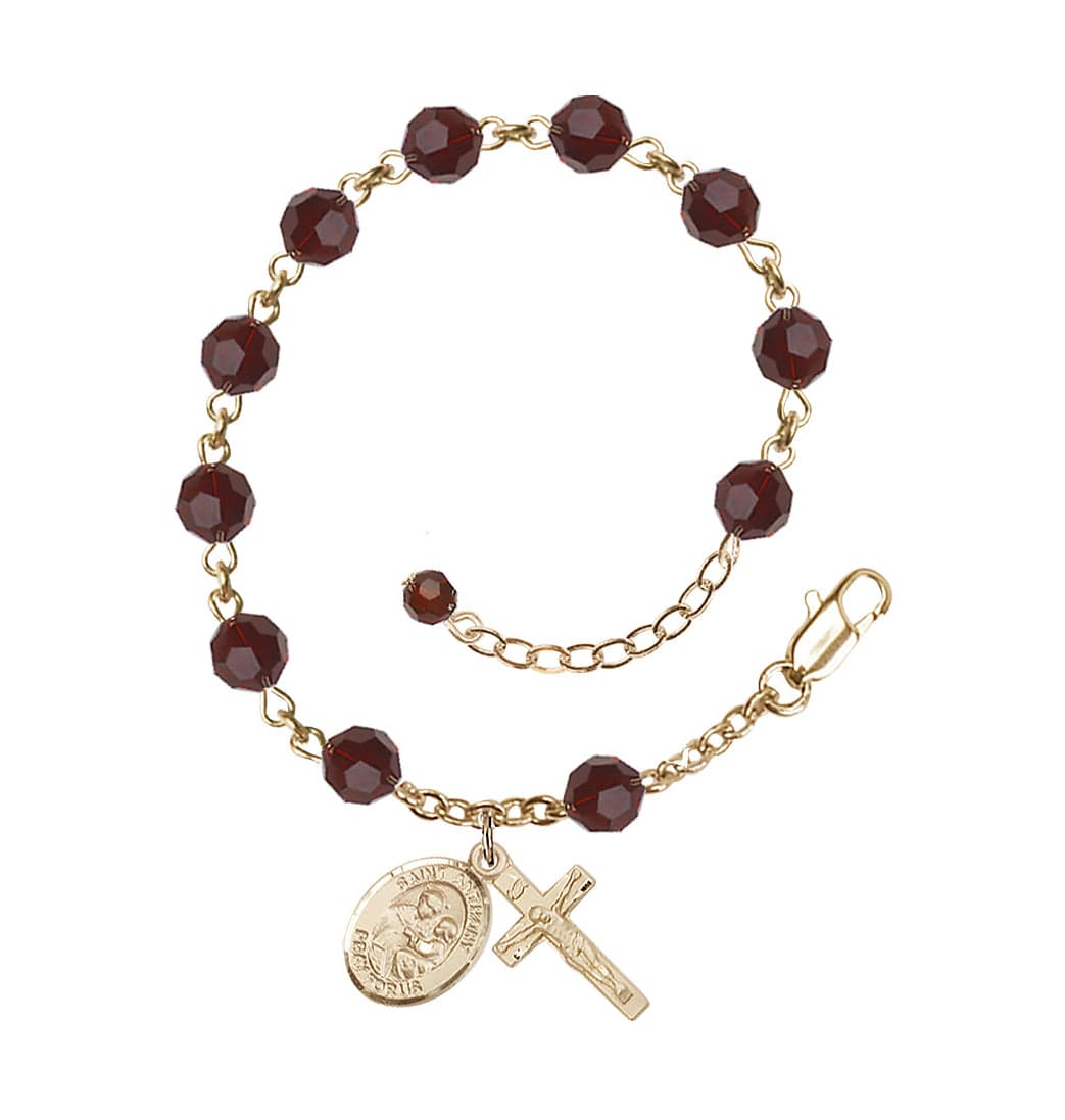 Bliss Gold Filled Crystal St Anthony of Padua Birthstone Rosary Bracelet in Garnet,