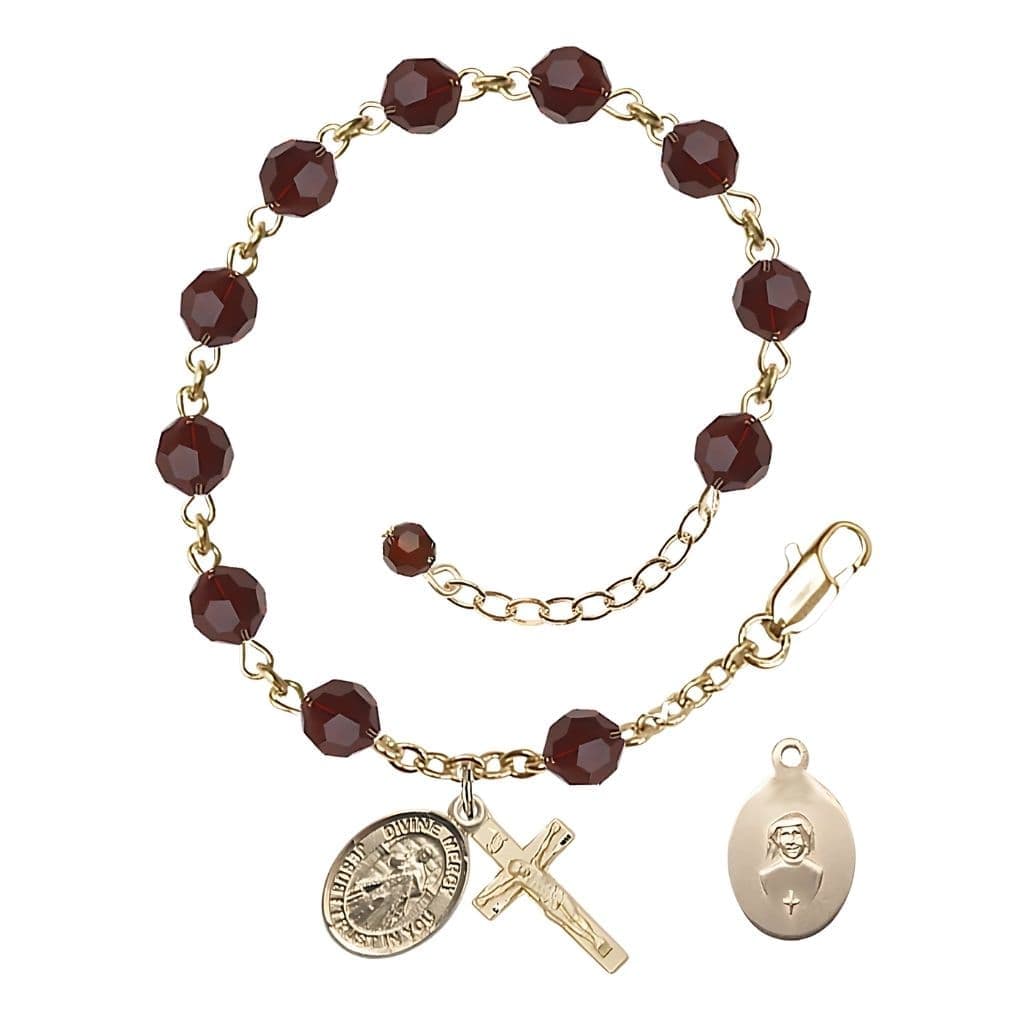 Bliss Jesus Divine Mercy Rosary Bracelet with Gold-filled Crucifix and Charm, Birthstone 6mm Austrian Crystal Garnet Beads for January