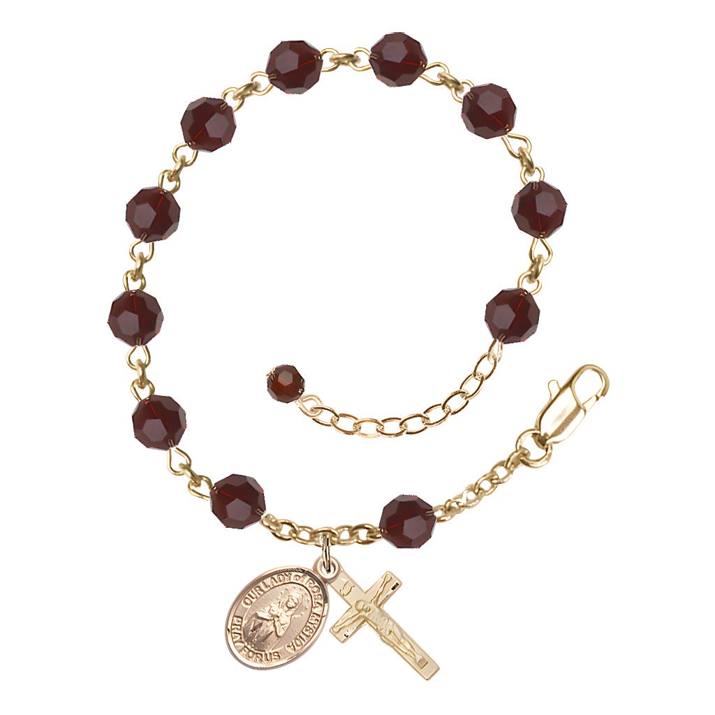 Bliss Our Lady of Rosa Mystica Rosary Bracelet with Gold-filled Crucifix and Charm, Birthstone 6mm Austrian Crystal Garnet Beads for January
