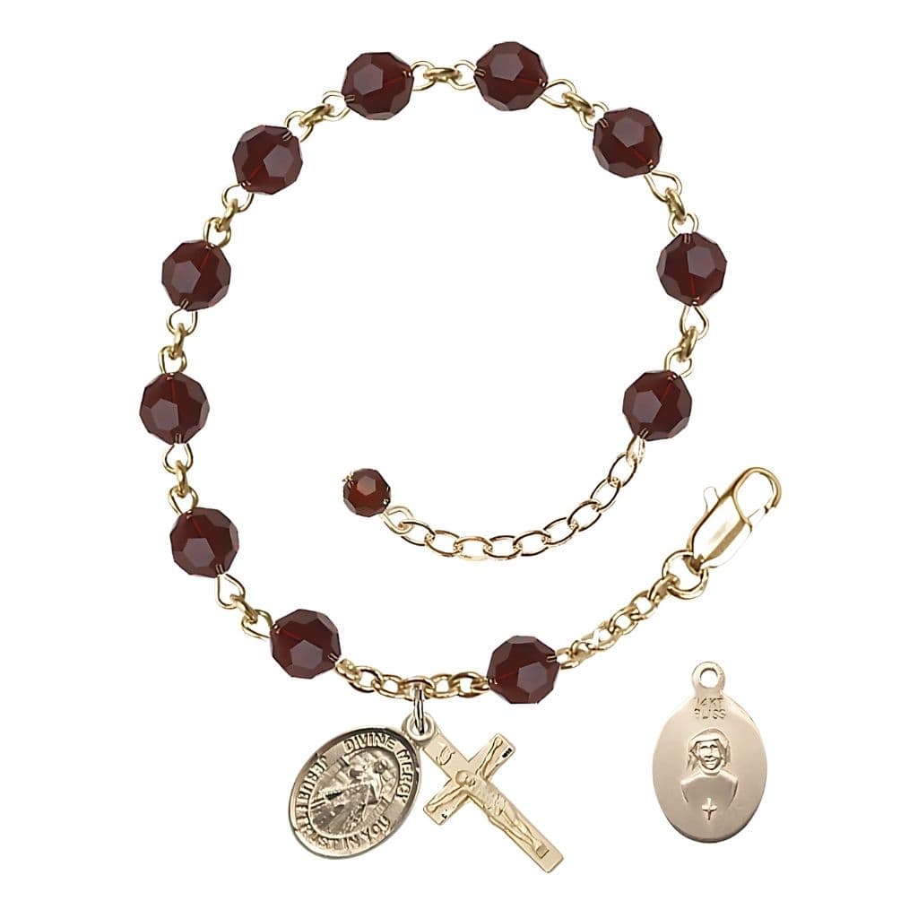 Bliss Jesus Divine Mercy Rosary Bracelet with 14kt Gold Crucifix and Charm, Birthstone 6mm Austrian Crystal Garnet Beads for January