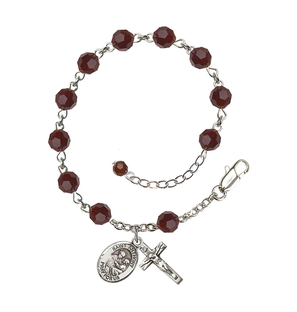 Bliss Sterling Silver Crystal St Anthony of Padua Birthstone Rosary Bracelet in Garnet,