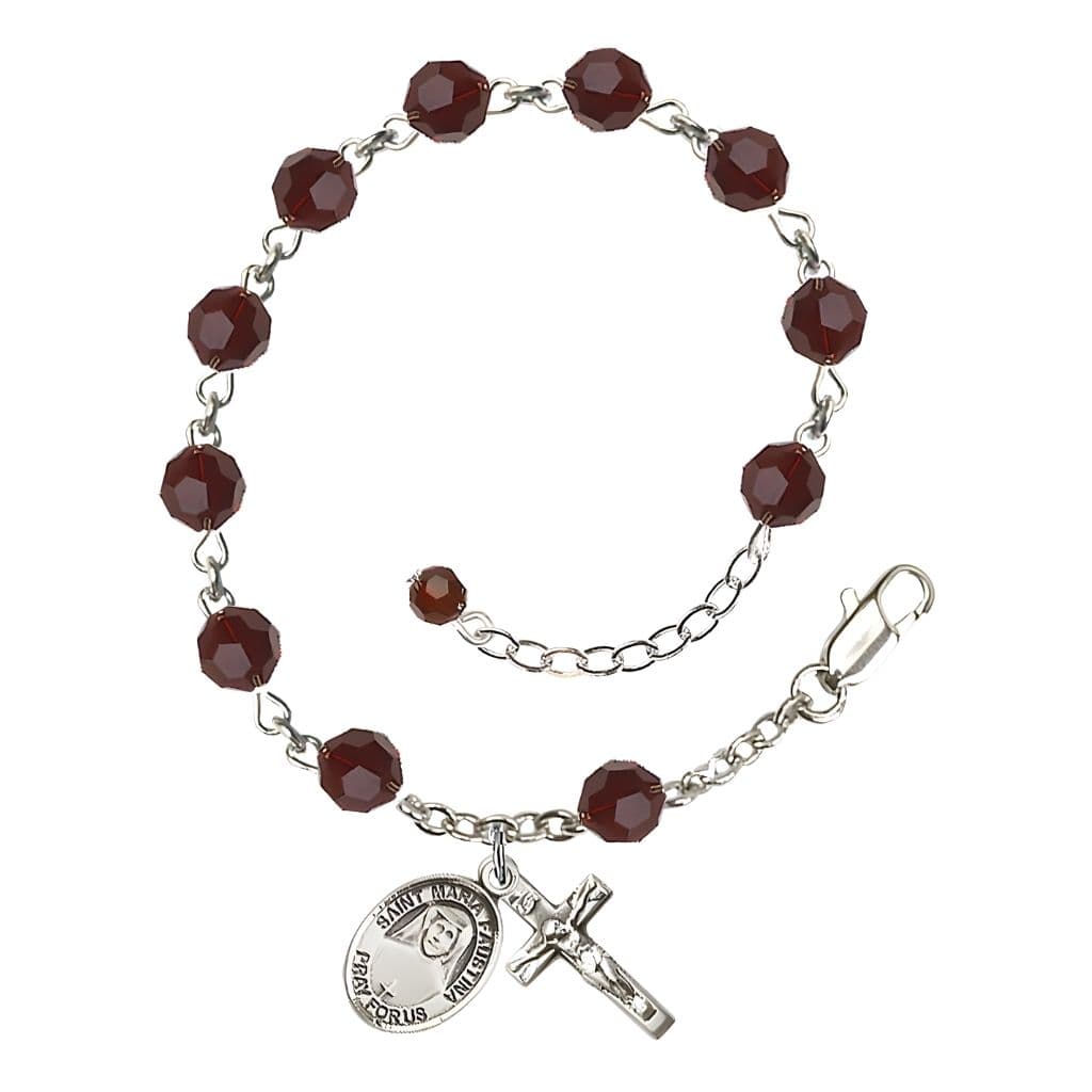 Bliss St. Maria Faustina Birthstone Sterling Silver 6mm Garnet Austrian Crystal Rosary Bracelet,