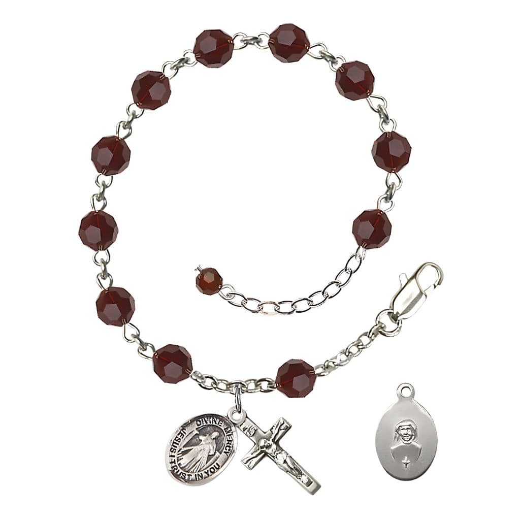 Bliss Jesus Divine Mercy Rosary Bracelet with Sterling Silver Crucifix and Charm, Birthstone 6mm Austrian Crystal Garnet Beads for January