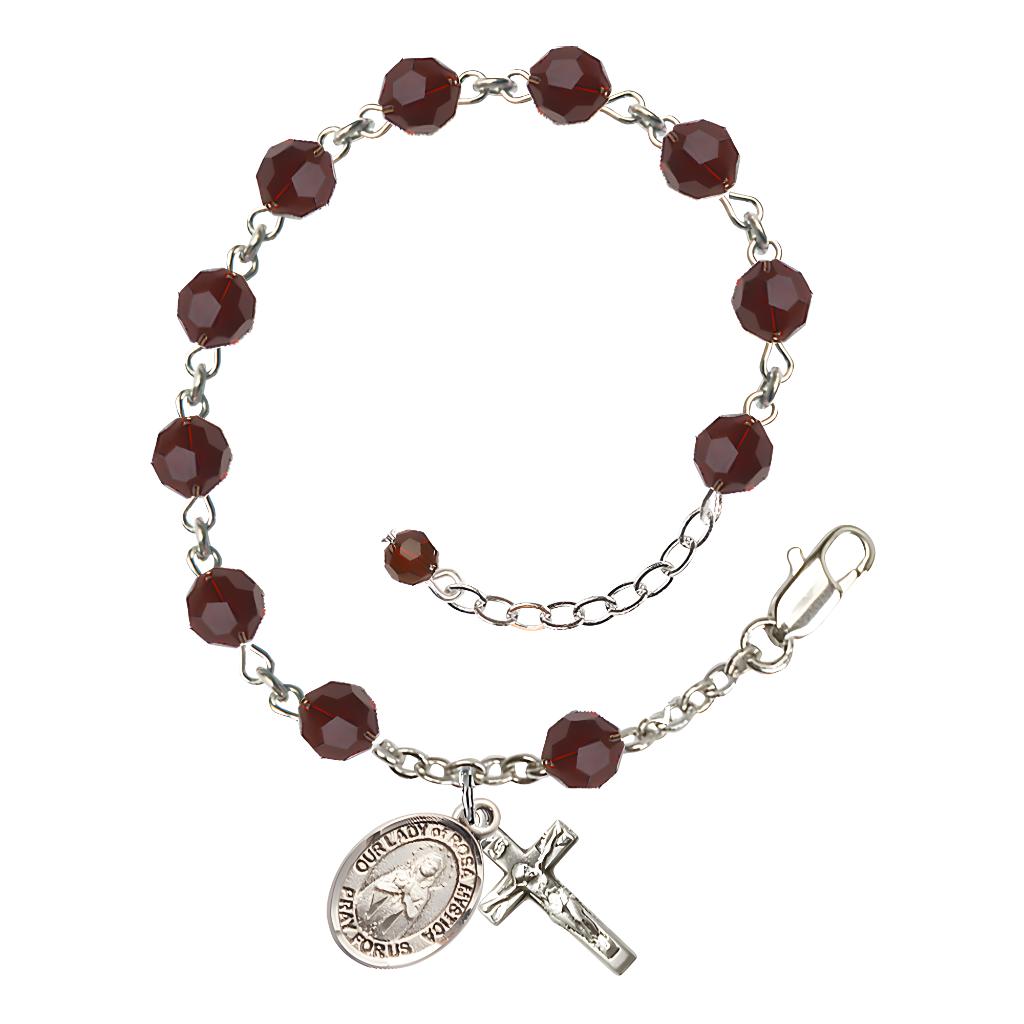 Bliss Our Lady of Rosa Mystica Rosary Bracelet with Sterling Silver Crucifix and Charm, Birthstone 6mm Austrian Crystal Garnet Beads for January