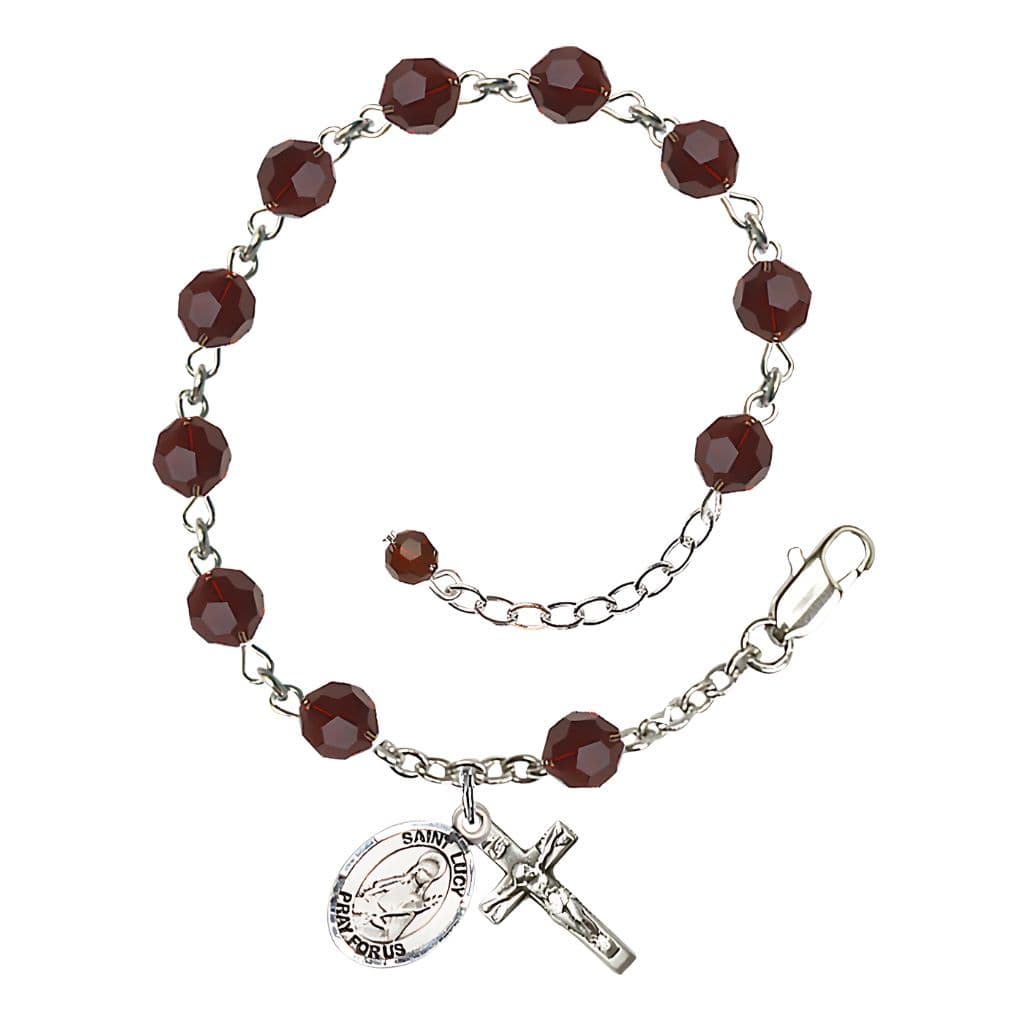 St. Lucy 6mm Garnet Birthstone Sterling Silver Rosary Bracelet,