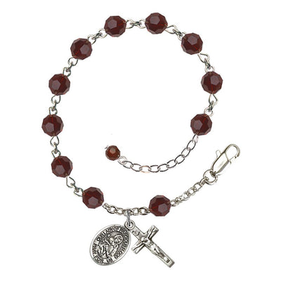 Our Lady of the Precious Blood Rosary Bracelet with Sterling Silver Crucifix and Charm, Birthstone 6mm Austrian Crystal Garnet Beads for January