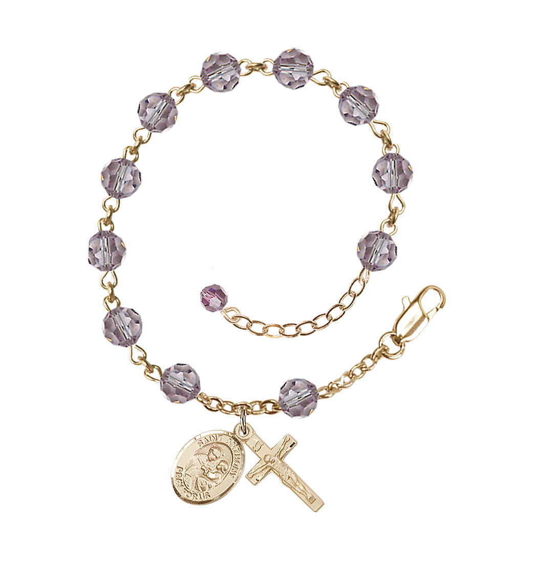 Bliss Adjustable 14kt Gold 6mm Austrian Crystal Saint Anthony of Padua Rosary Bracelet in Light Amethyst,