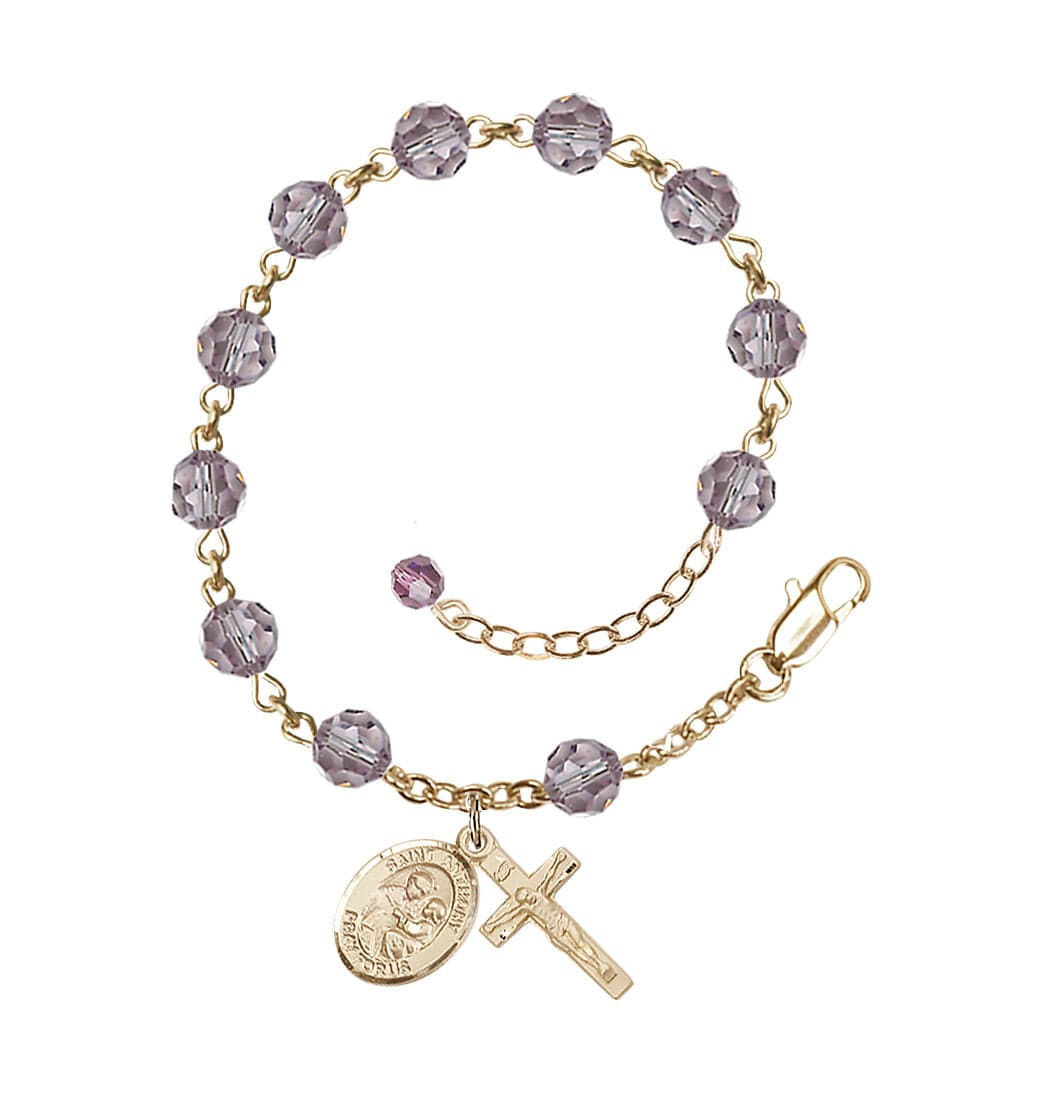 Bliss Gold Filled Crystal St Anthony of Padua Birthstone Rosary Bracelet in Light Amethyst,