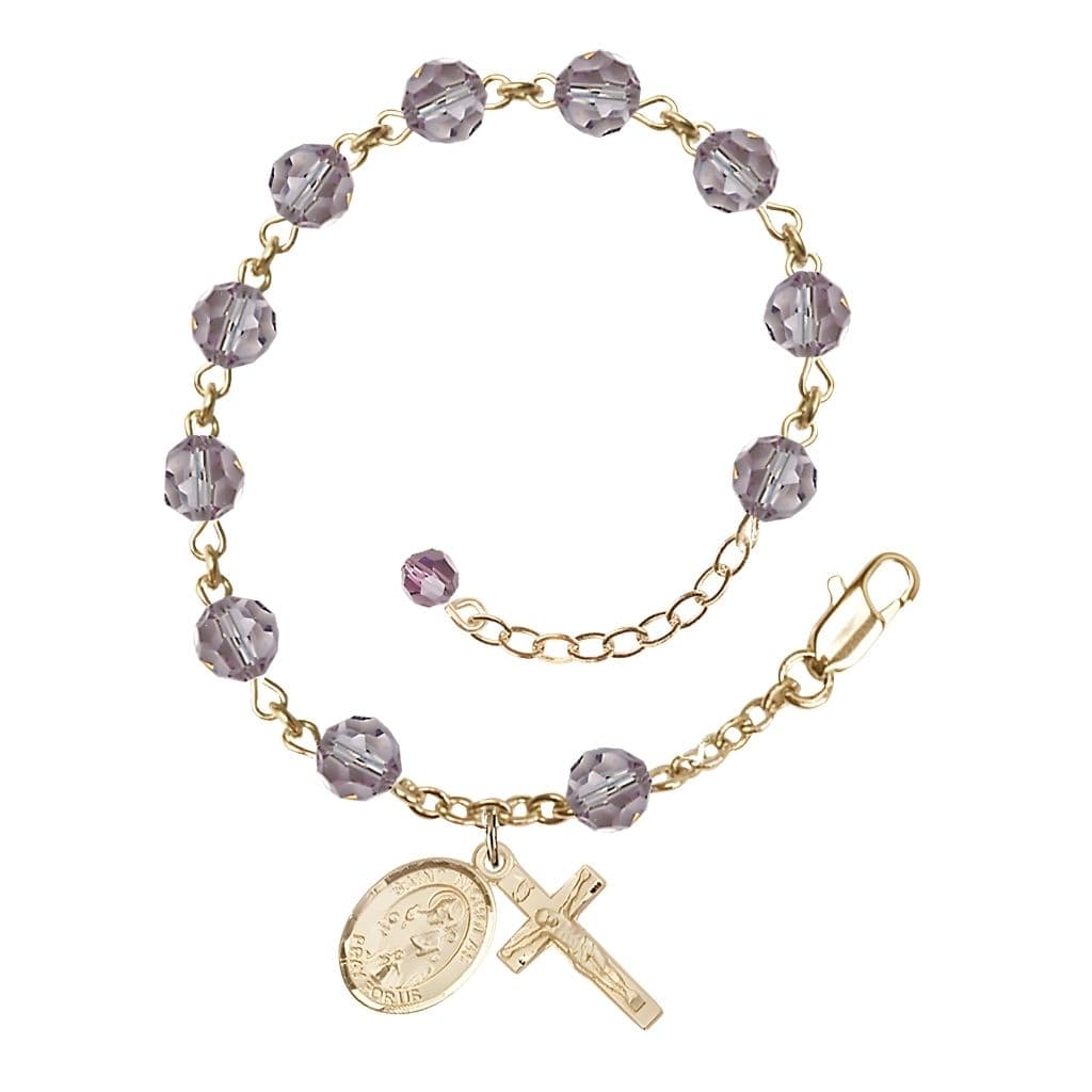 Bliss St. Nicholas Rosary Bracelet with 14kt Gold-filled Centerpiece and Crucifix, June Birthstone 6mm Light Amethyst Austrian Crystal Beads