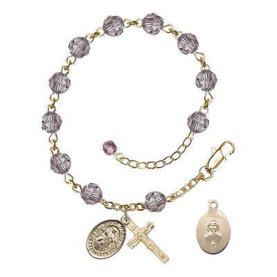 Jesus Divine Mercy Rosary Bracelet with Gold-filled Crucifix and Charm, Birthstone 6mm Austrian Crystal Light Amethyst Beads for June, Bliss Manufacturing