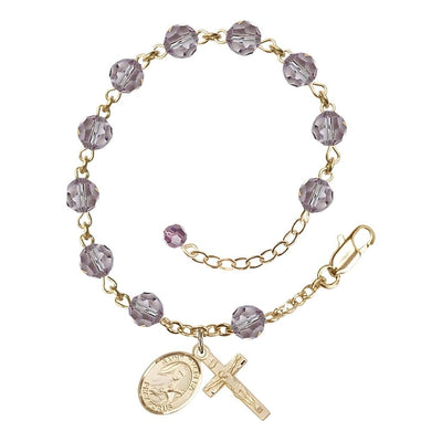 St. Theresa June Birthstone Light Amethyst 6mm Austrian Crystal Gold-filled Rosary Bracelet with 14kt Gold-filled Crucifix and Saint Medal, Bliss Manufacturing