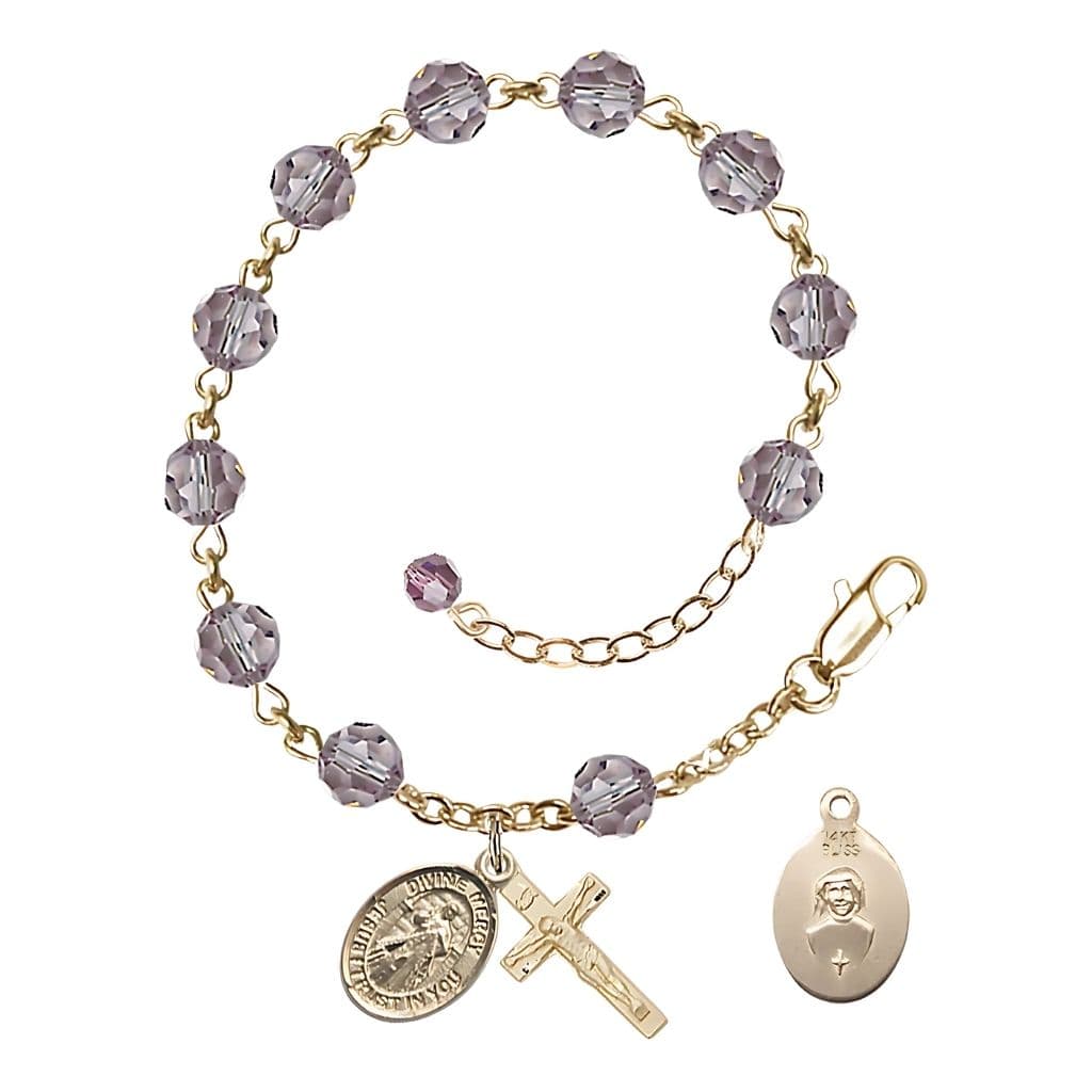 Bliss Jesus Divine Mercy Rosary Bracelet with 14kt Gold Crucifix and Charm, Birthstone 6mm Austrian Crystal Light Amethyst Beads for June