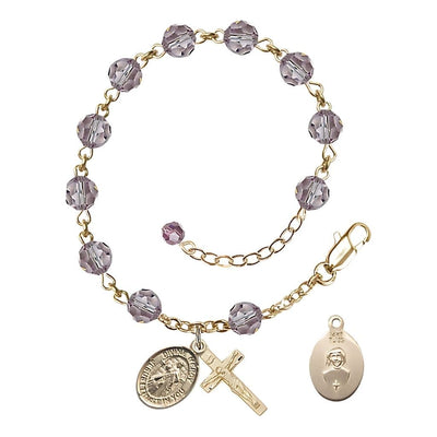 Jesus Divine Mercy Rosary Bracelet with 14kt Gold Crucifix and Charm, Birthstone 6mm Austrian Crystal Light Amethyst Beads for June, Bliss Manufacturing