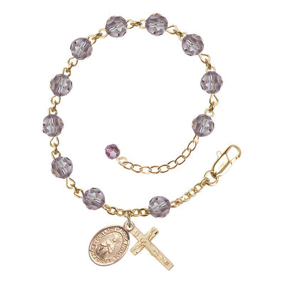 Bliss Our Lady of Rosa Mystica Rosary Bracelet with 14kt Gold Crucifix and Charm, Birthstone 6mm Austrian Crystal Light Amethyst Beads for June