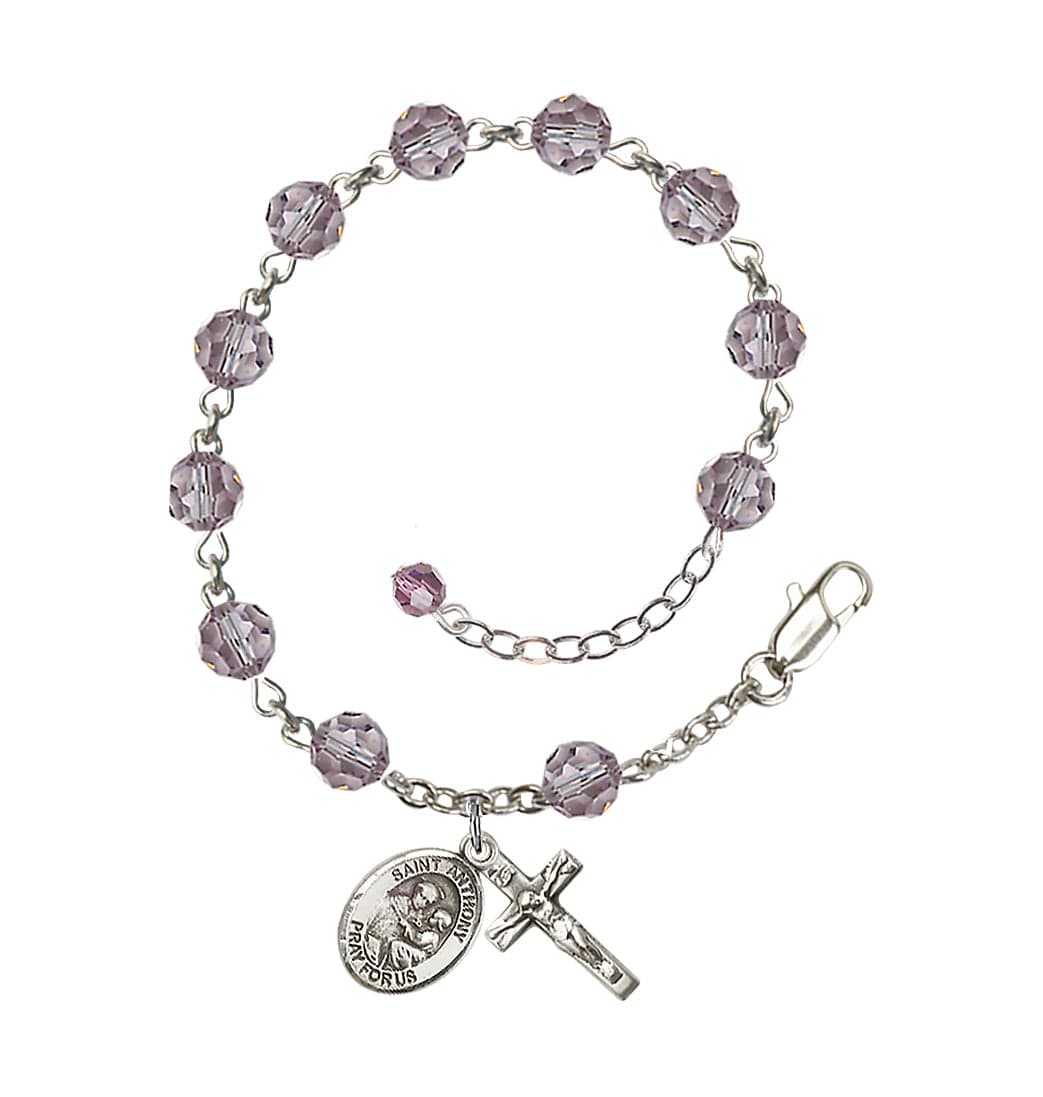 Bliss Sterling Silver Crystal St Anthony of Padua Birthstone Rosary Bracelet in Light Amethyst,