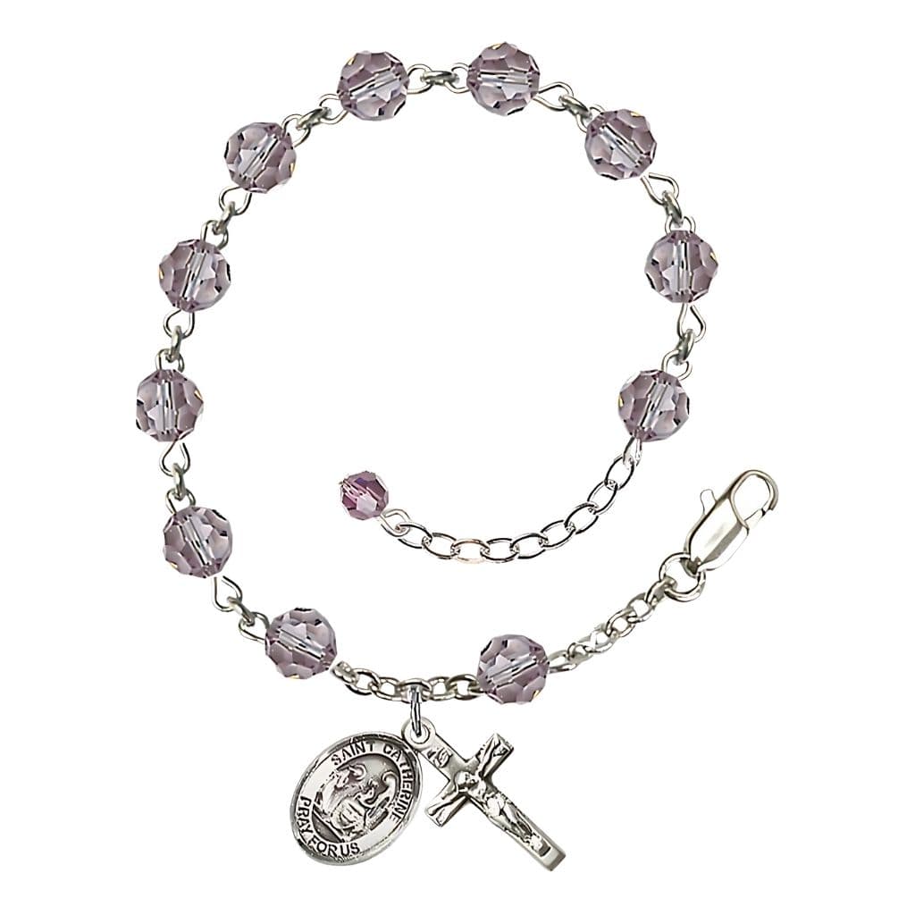 Bliss Saint Catherine of Siena Rosary Bracelet with Sterling Silver Crucifix and Medal, Birthstone 6mm Austrian Crystal Light Amethyst Beads for June