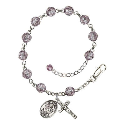 Saint Catherine of Siena Rosary Bracelet with Sterling Silver Crucifix and Medal, Birthstone 6mm Austrian Crystal Light Amethyst Beads for June, Bliss Manufacturing