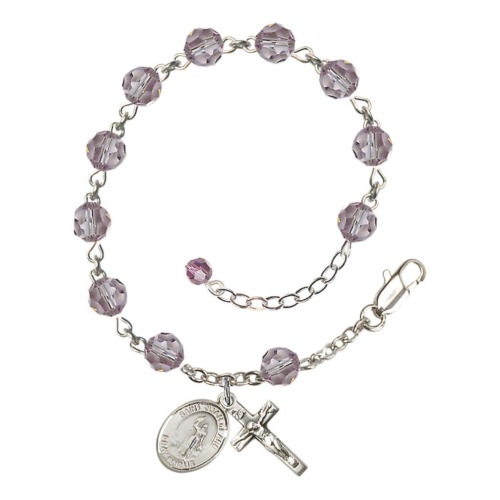 Bliss St. Joan of Arc Rosary Bracelet with Sterling Silver Crucifix and Charm, Birthstone 6mm Austrian Crystal Light Amethyst Beads for June