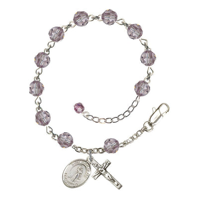 Our Lady of the Precious BloodRosary Bracelet with Sterling Silver Crucifix and Charm, Birthstone 6mm Austrian Crystal Light Amethyst Beads for June, Bliss Manufacturing