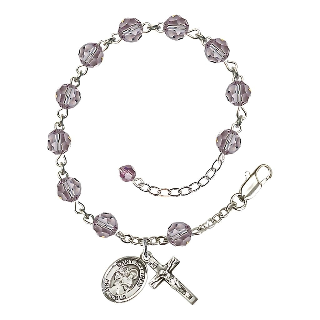 St. Matthew the Apostle Birthstone Sterling Silver 6mm Light Amethyst Austrian Crystal Rosary Bracelet, Sterling Silver Crucifix and Centerpiece