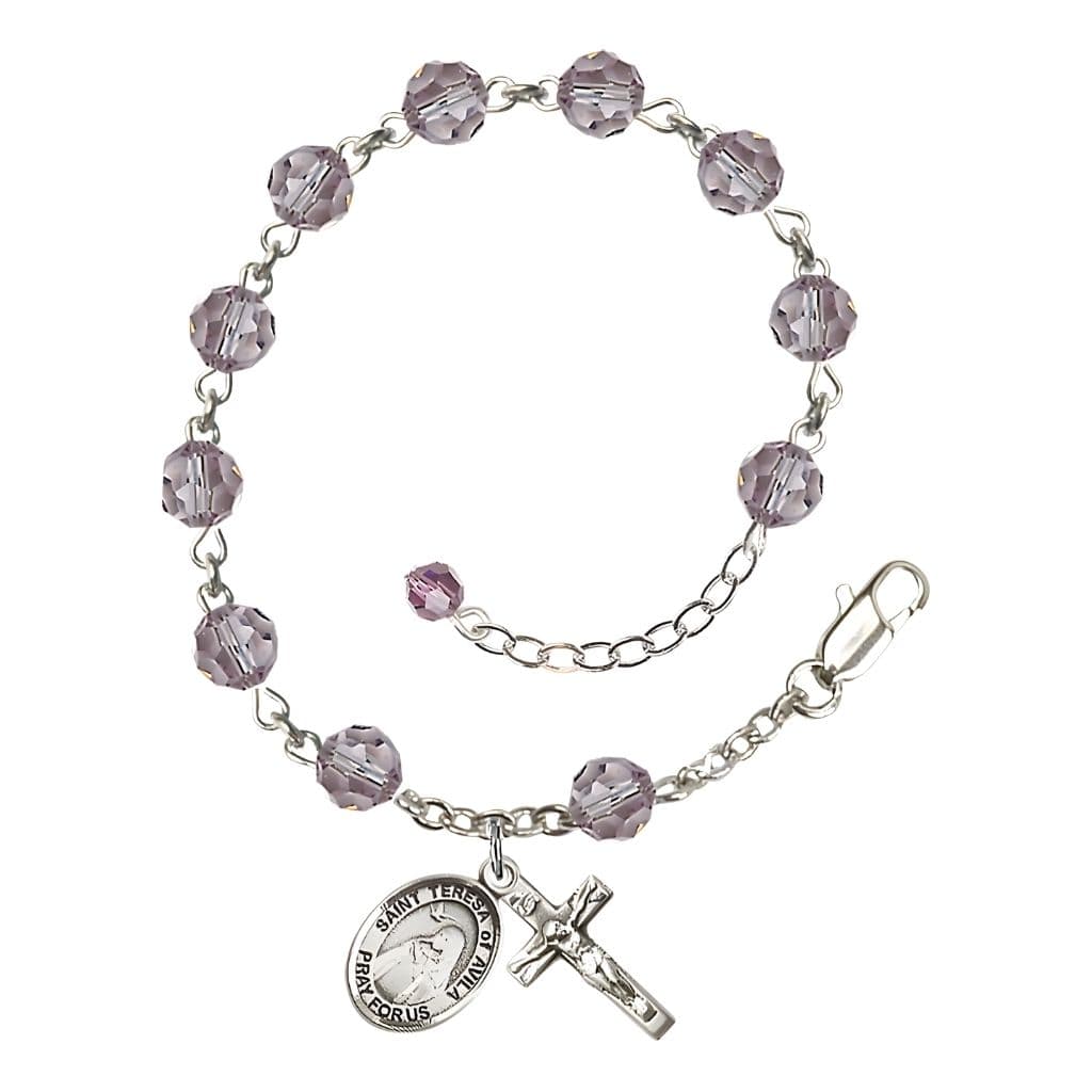 Bliss St. Teresa of Avila Birthstone Sterling Silver 6mm Light Amethyst Austrian Crystal Rosary Bracelet