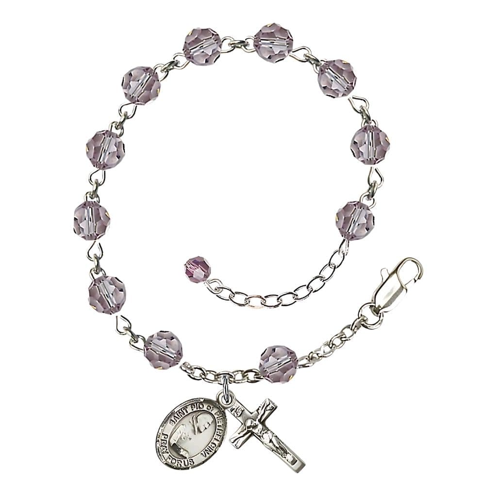 Bliss St. Padre Pio of Pietrelcina Birthstone Rosary Sterling Silver Bracelet with light amethyst 6mm Austrian crystal beads