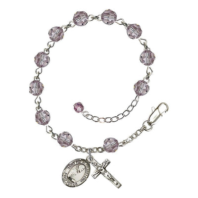 St. Padre Pio of Pietrelcina Birthstone Rosary Sterling Silver Bracelet with light amethyst 6mm Austrian crystal beads, Bliss Manufacturing