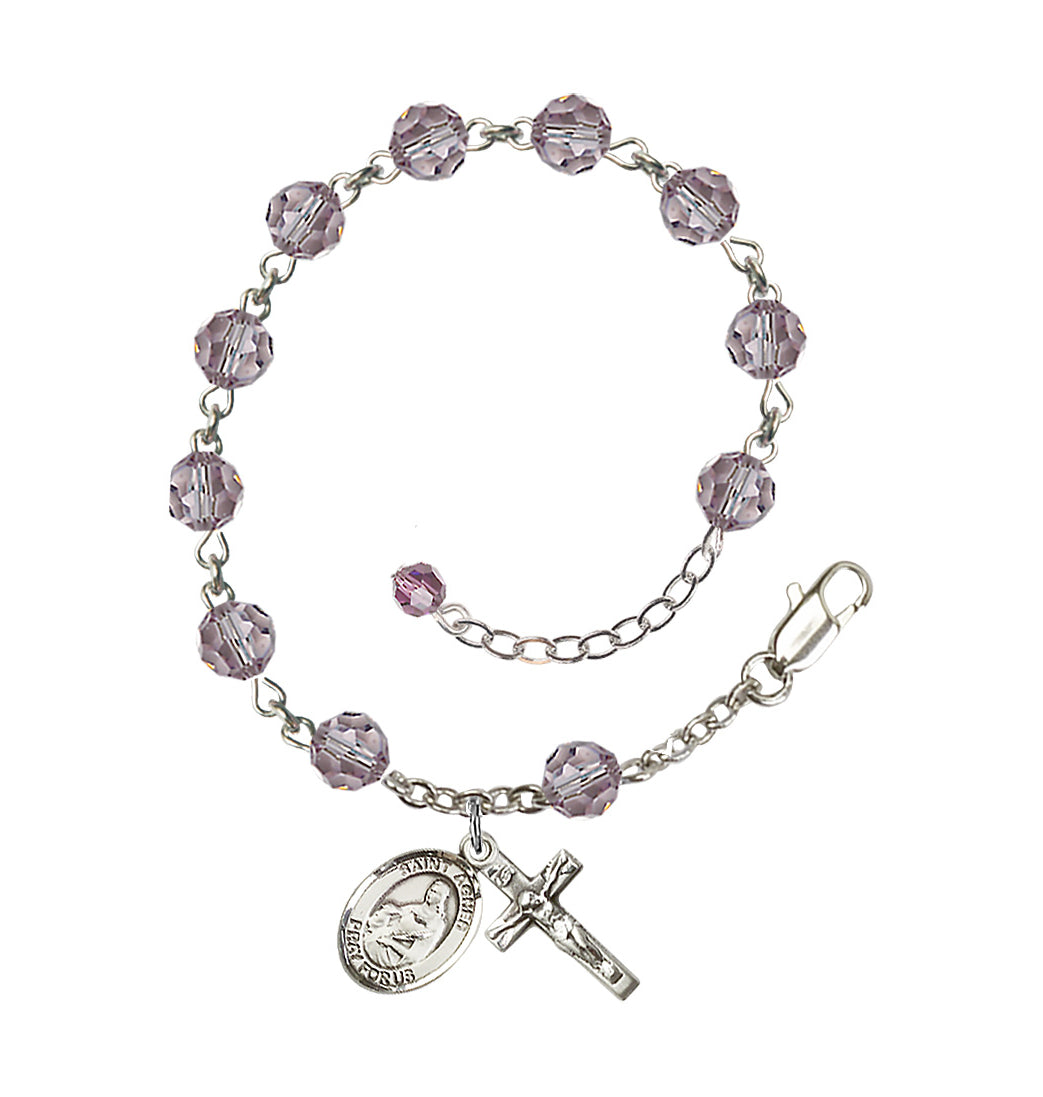 Bliss Sterling Silver Crystal St Agnes of Rome Birthstone Rosary Bracelet in Light Amethyst,