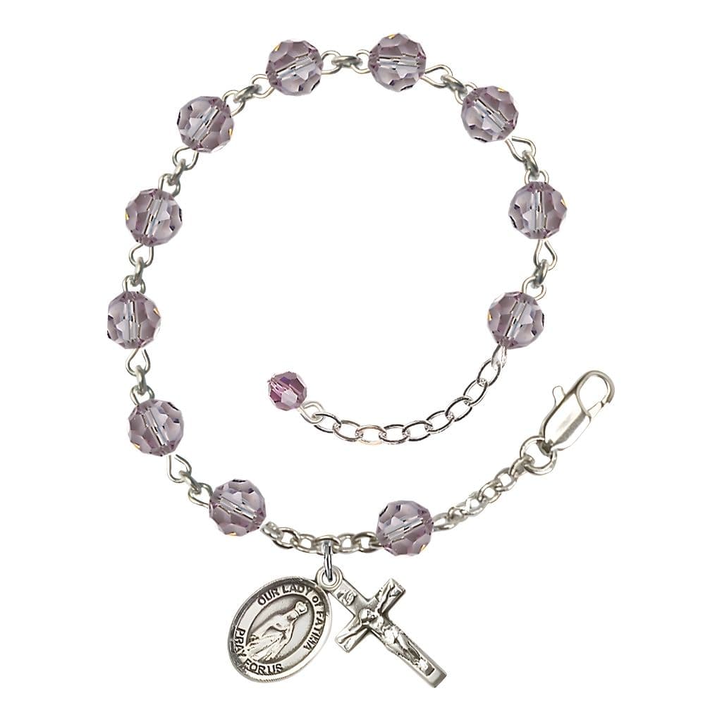 Bliss Our Lady of Fatima Rosary Bracelet with Sterling Silver Crucifix and Charm, Birthstone 6mm Austrian Crystal Light Amethyst Beads for June