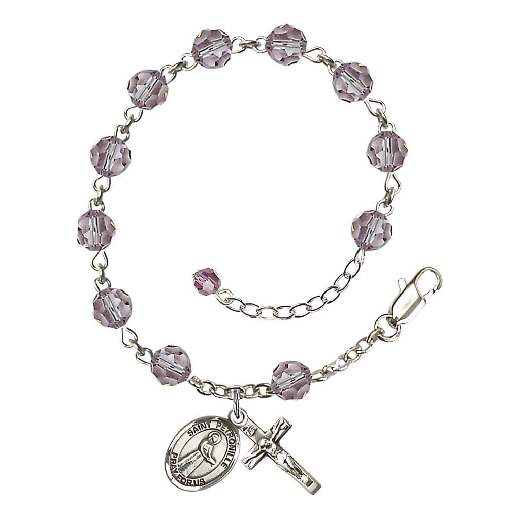 St. Petronille Sterling Silver Rosary Bracelet with 6mm Light Amethyst Austrian Crystal Beads,