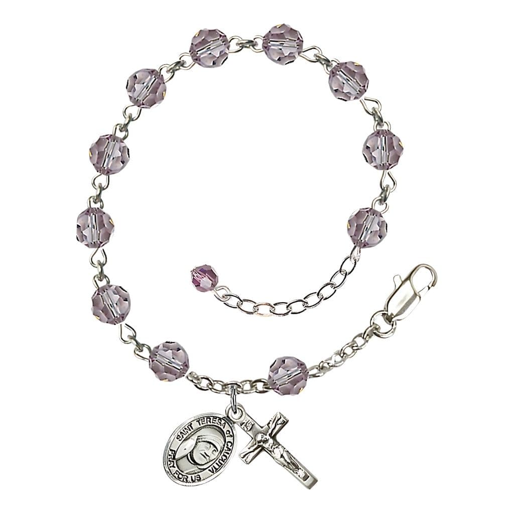 Bliss St. Teresa of Calcutta Birthstone Sterling Silver Light Amethyst 6mm Austrian Crystal Rosary Bracelet